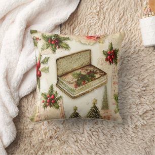 Retro Vintage Red Green Holly Christmas Holiday  Throw Pillow
