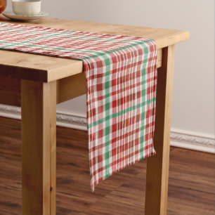 Retro Vintage Red Green Textured Plaid  Short Table Runner