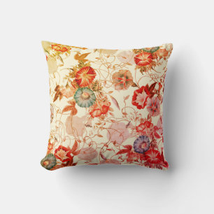 Retro Vintage Red Japanese Morning Glory Floral Throw Pillow
