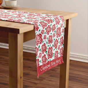Retro Vintage Red Roses Green Leaves Personalized Short Table Runner