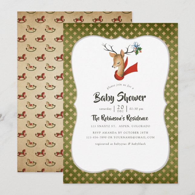 Retro Vintage Reindeer Christmas Baby Shower Invitation (Front/Back)