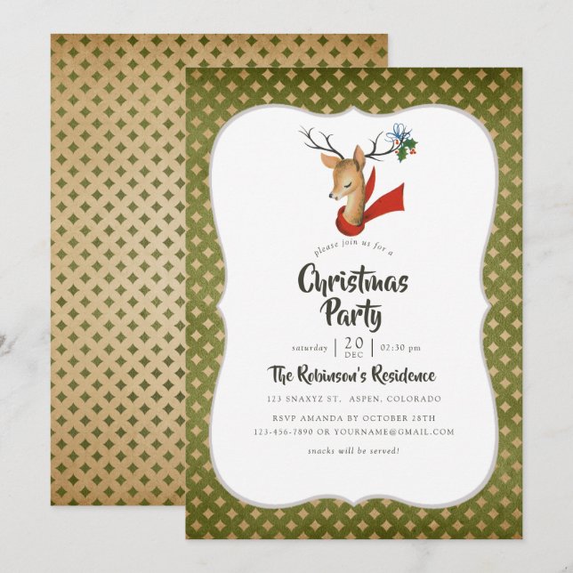 Retro Vintage Reindeer Christmas Party Invitation (Front/Back)