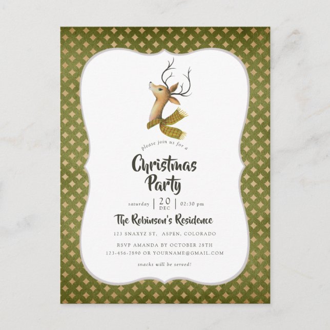 Retro Vintage Reindeer Christmas Party Invitation Postcard (Front)