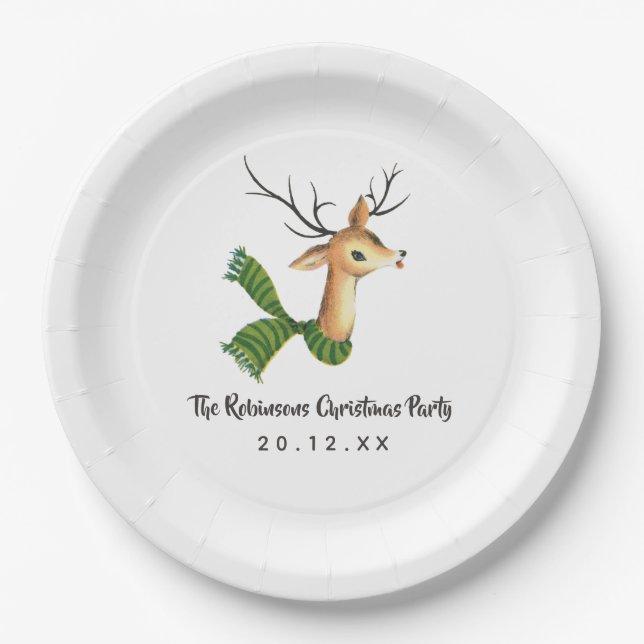Retro Vintage Reindeer Christmas Party Paper Plate (Front)