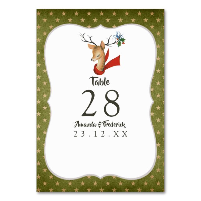 Retro Vintage Reindeer Christmas Wedding Table Number (Front)