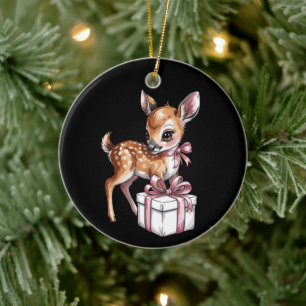 Retro Vintage Reindeer Pink Christmas Baby Deer Ceramic Ornament