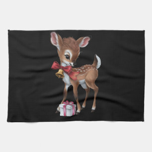 Retro Vintage Reindeer Pink Christmas Baby Deer Kitchen Towel