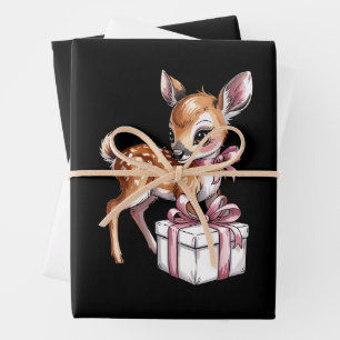 Retro Vintage Reindeer Pink Christmas Baby Deer Wrapping Paper Sheet