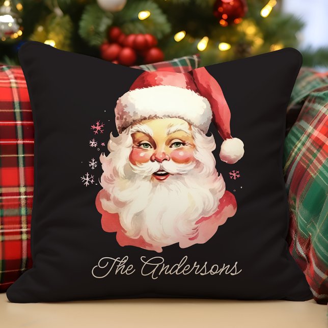 Retro Vintage Santa Claus Black Christmas Throw Pillow (Creator Uploaded)