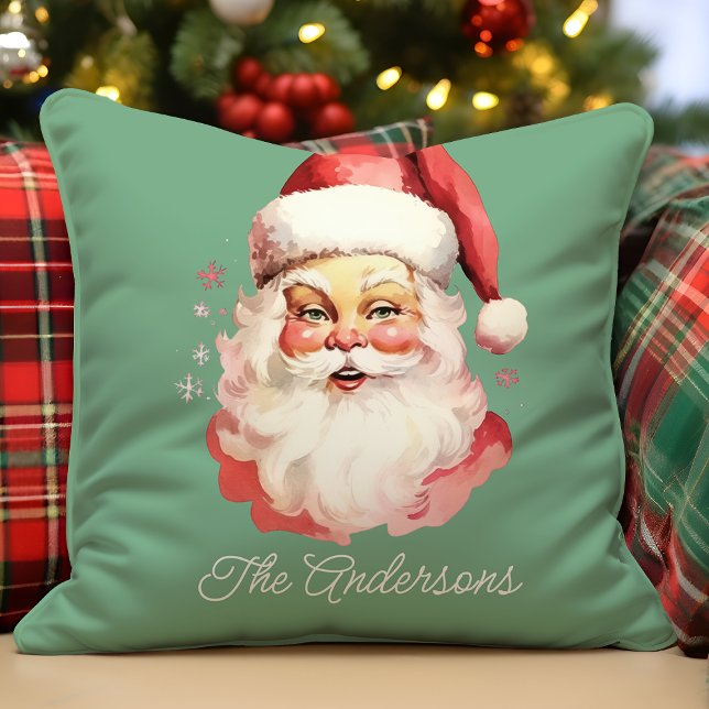 Retro Vintage Santa Claus Green Christmas Throw Pillow (Creator Uploaded)