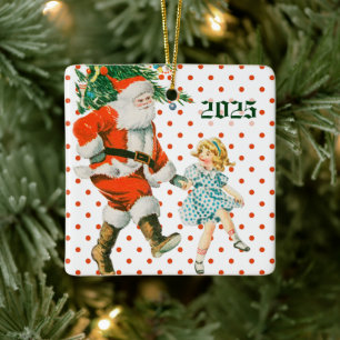 Retro Vintage Santa & Girl Christmas  Ceramic Ornament
