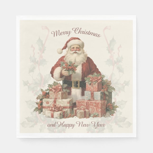 Retro Vintage Santa Holly Merry Christmas  Napkin (Front)