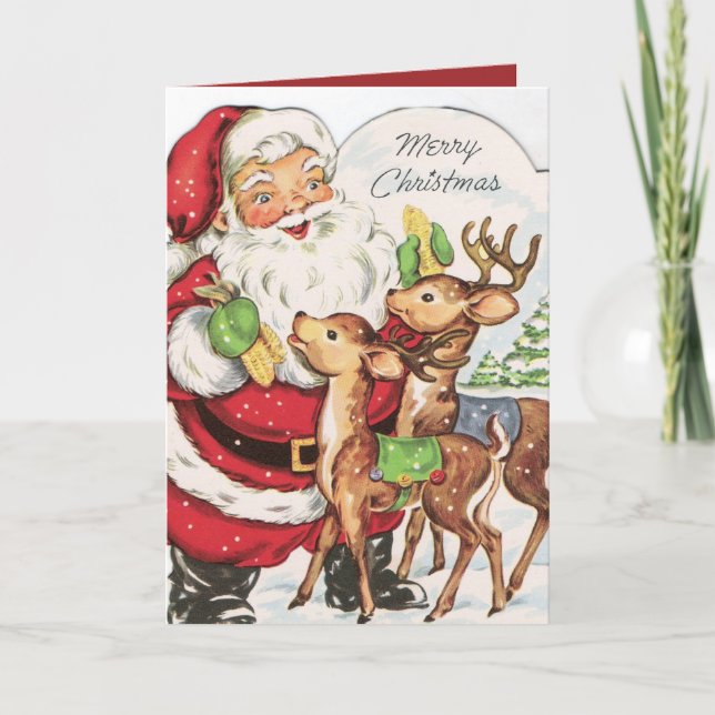 retro vintage Santa reindeer add sentiment Holiday Card (Front)