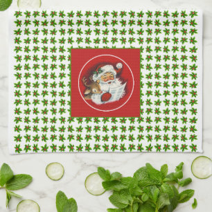 Retro Vintage Santa, Reindeer and Holly Kitchen Towel