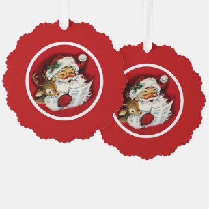 Retro Vintage Santa, Reindeer and Holly Ornament Card