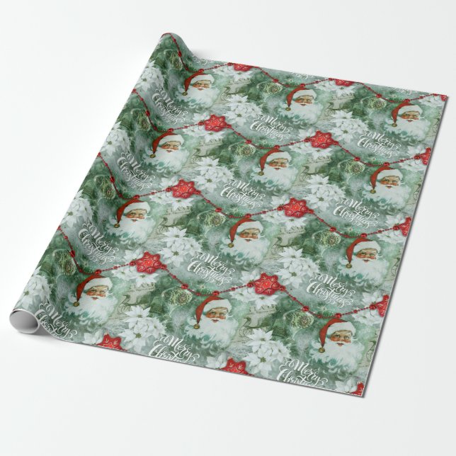 Retro Vintage Santa Vignette Wrapping Paper  (Unrolled)