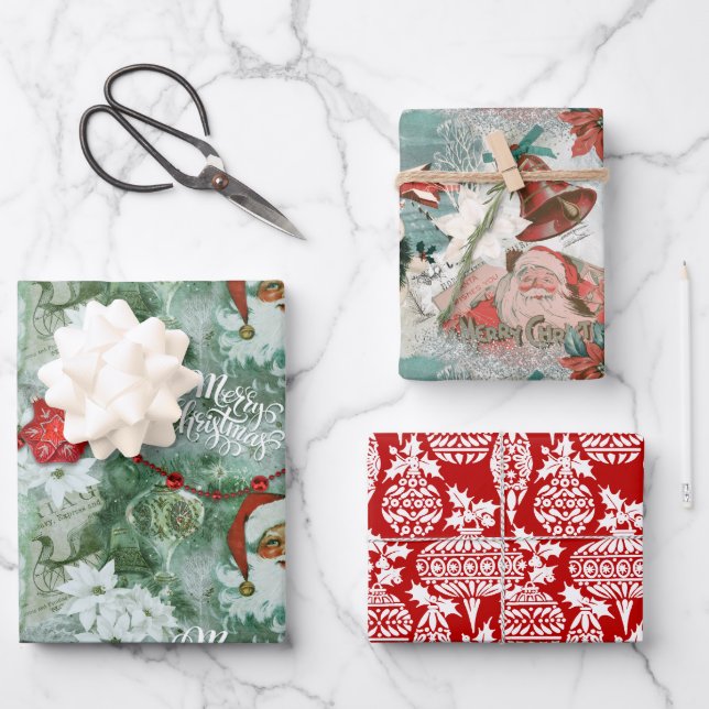 Retro Vintage Santa Vignette Wrapping Paper Sheet (Front)
