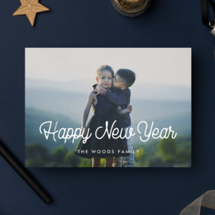 Retro vintage script Happy New Year photo Holiday Card