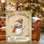 Retro Vintage Snowman Custom Merry Christmas Fleece Blanket<br><div class="desc">Beautiful retro vintage illustration of a snowman wearing a hat and paid scarf on a retro grunge background and frame for an aged or vintage look. Design features a vintage scroll ribbon for your personalization of this cute and adorable Christmas blanket.</div>