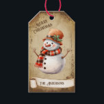 Retro Vintage Snowman Custom Merry Christmas Gift Tags<br><div class="desc">Beautiful retro vintage illustration of a snowman wearing a hat and paid scarf on a retro grunge background and frame for an aged or vintage look. Design features a vintage scroll ribbon for your personalization both in the front or the back sides of this elegant, and timeless Holiday Gift Tag....</div>