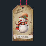 Retro Vintage Snowman Custom Merry Christmas Gift Tags<br><div class="desc">Beautiful retro vintage illustration of a snowman wearing a hat and paid scarf on a retro grunge background and frame for an aged or vintage look. Design features a vintage scroll ribbon for your personalization both in the front or the back sides of this elegant, and timeless Holiday Gift Tag....</div>