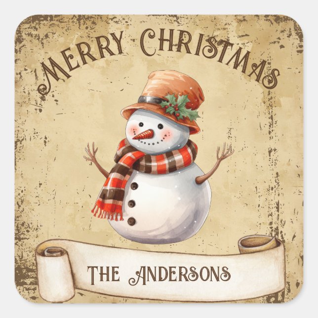 Retro Vintage Snowman Custom Merry Christmas Square Sticker (Front)