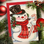 Retro Vintage Snowman in Top Hat Custom Christmas Holiday Card<br><div class="desc">This adorable mid-century vintage Christmas card features a snowman wearing a red scarf and black top hat while holding a sprig of mistletoe in one hand a candy cane in the other.  Personalize by customizing the message on the back and/or adding your name(s).</div>