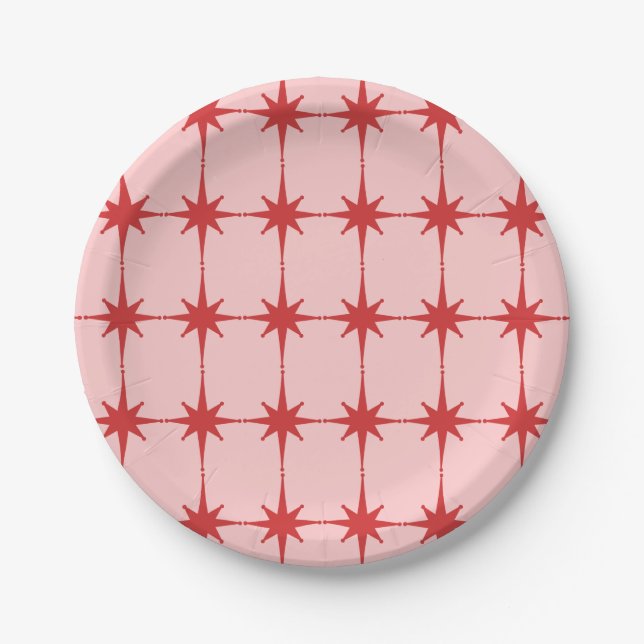 Retro Vintage Stars Pink and Red Paper Plate (Front)