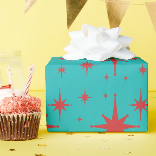 Retro Vintage Stars Turquoise and Red Wrapping Paper (Birthday Party)