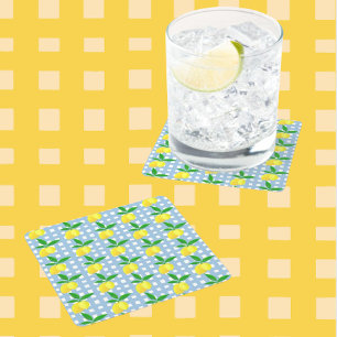 Retro Vintage Style Yellow Lemons Blue White Check Square Paper Coaster