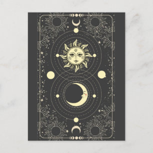 Retro vintage sun moon planets clouds tarot frame postcard