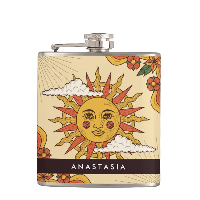 Retro Vintage Sun Personalized Hip Flask (Front)