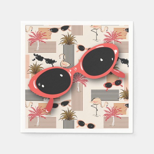 Retro Vintage Sunglasses Flamingos Palms Napkin (Front)