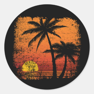Retro Vintage sunset coco palm tree Classic Round Sticker