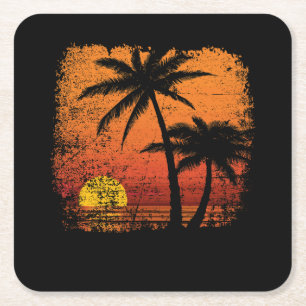 Retro Vintage sunset coco palm tree Square Paper Coaster