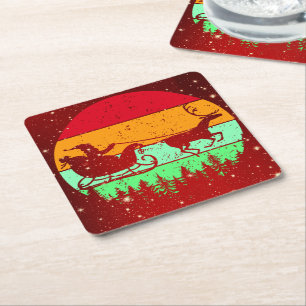 Retro Vintage Sunset Santa Sleigh Reindeer  Square Paper Coaster