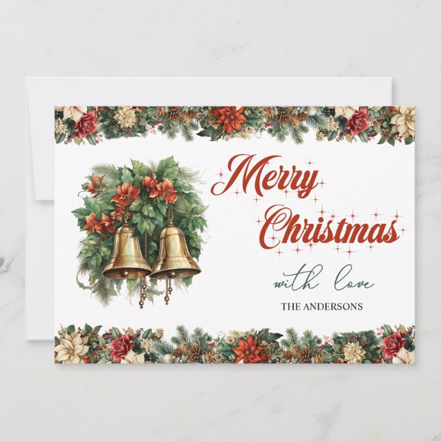Retro vintage traditional modern Christmas bells Holiday Card (Front)