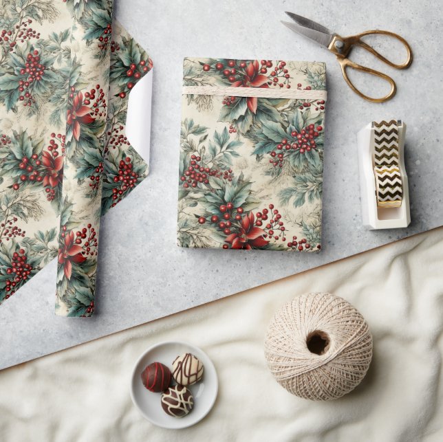 Retro vintage traditional modern Christmas holly Wrapping Paper (Crafts)
