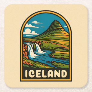 Retro Vintage Travel Iceland Nature Landscape Square Paper Coaster