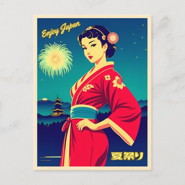 Retro Vintage Travel Japan Night Time Festival Postcard (Front)