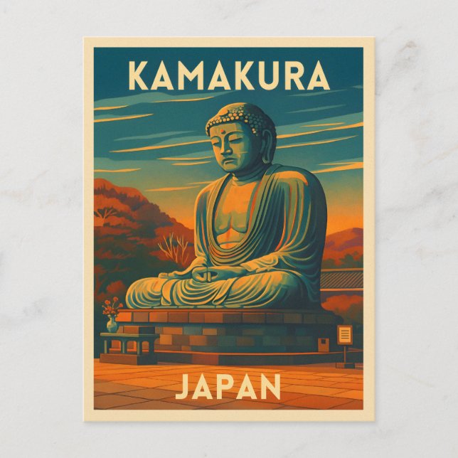 Retro Vintage Travel Kamakura Japan Buddha Postcard (Front)