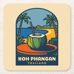 Retro Vintage Travel Koh Phangan Island Thailand  Square Paper Coaster