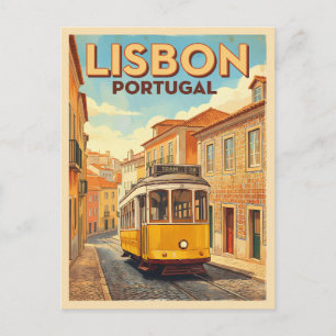 Retro Vintage Travel Lisbon Portugal Yellow Tram Postcard