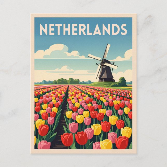 Retro Vintage Travel Netherlands Tulips Landscape Postcard (Front)