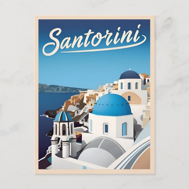 Retro Vintage Travel Santorini Blue Seaside  Postcard (Front)