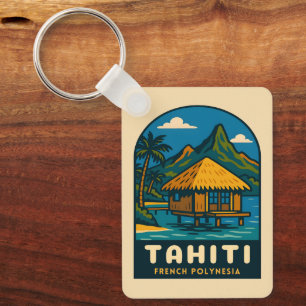 Retro Vintage Travel Tahiti French Polynesia Beach Keychain
