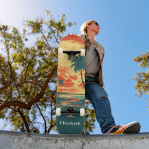 Retro Vintage Tropical Beach Custom Name Skateboard