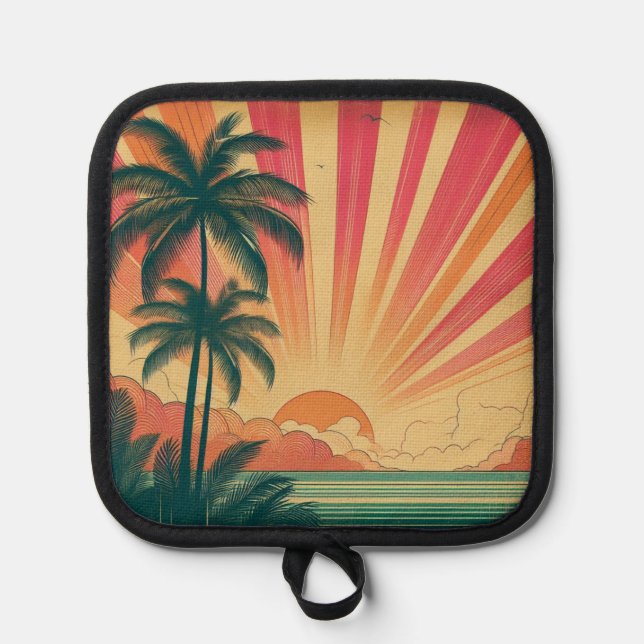 Retro/vintage tropical/Hawaiian sunset  Pot Holder (Front)