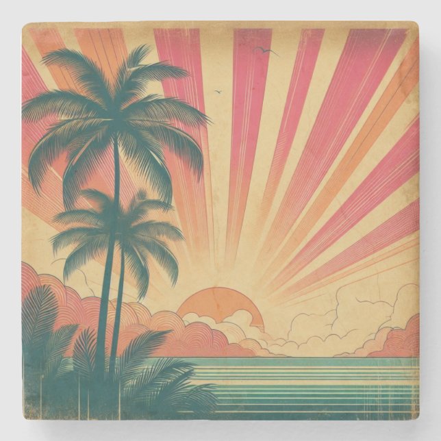 Retro/vintage tropical/Hawaiian sunset  Stone Coaster (Front)