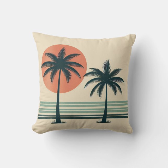 Retro/vintage tropical palms tree throw pillow (Front)
